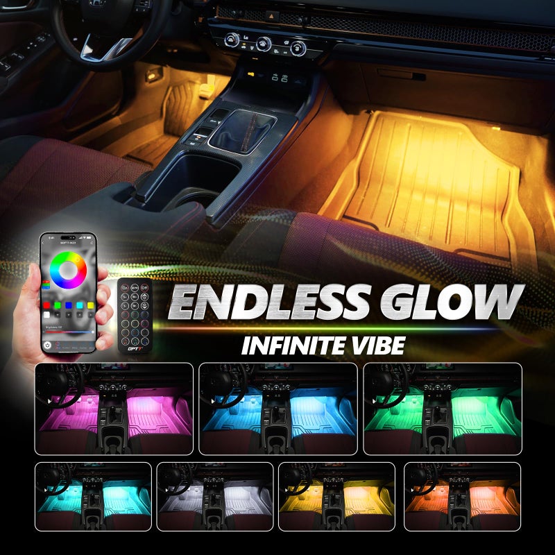 OPT7 Aura Pro Interior Car Lights with App & Remote Control, Multicolor Change, Music Sync Inside Ambient Lighting Kit, Car SUV Van Under Dash Decor, 12V Charger Adapter, 4PC Single Row LED Strip - Image 3